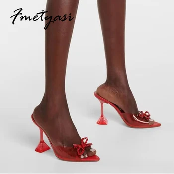 Červená Ženy Sandále Transparentné PVC Crystal Bowknot poháre na Víno Jasné Podpätky Lete Poukázal Otvorené Prst Strany Jelly Topánky