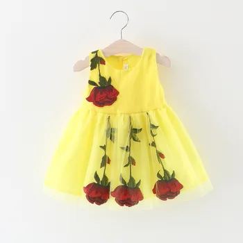 2021 Jarné Letné Šaty Dievčatá Kórejský Kvety Kvitnúce Sladké Party Šaty Módne Deti Žlté Čiary Tenké Šaty Tlačidlo Nové