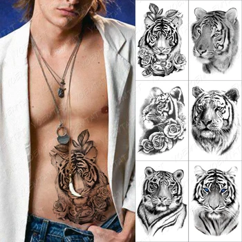 Zviera Nepremokavé Dočasné Tetovanie Nálepky Tiger Rose Hodiny Zviera Body Art Prenos Falošné Tatto Muži Ženy Black 3D Sexy Tetovanie
