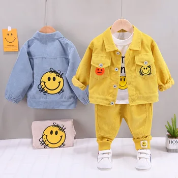 2022 Deti Baby Chlapci Oblečenie Sady Dlhý Rukáv Menčester Cartoon Úsmev Kabát+tričko+Nohavice 3ks Oblečenia