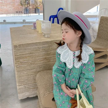 Kórejský detské Oblečenie 2022 Jeseň Dievčatá Sladká Princezná Čipky Kvety Klope Zelený Kvetinový Bavlna Bábiku Šaty Sukne