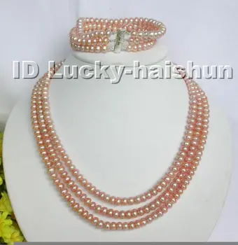 Predaj Šperkov>>>3row ružových perál náhrdelník náramok nastaviť j4874