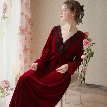 2022 Nové Velúrové Dámske Nightgowns francúzskeho Súdu, Dlhé Nočné Šaty Ženy Sexy Čipka tvaru Sleepwear Voľné Bežné Domáce Šaty