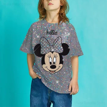 Letné nové T-shirt detské oblečenie voľné Disney Mickey a Minnie tlač okrúhlym výstrihom, krátke rukávy bežné kreslených dievčat topy