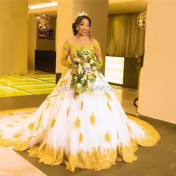 Romantický Zlato Appliques Svadobné Šaty 2021 Africkej Ženy Dlhé Rukávy Korálkové Čipky Pokožky Tylu Luxusné Svadobné Šaty Nevesty Šaty