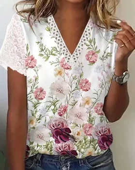 Letné Ženy Kvetinový Tlač Háčkované Čipky V-Neck T-Shirt