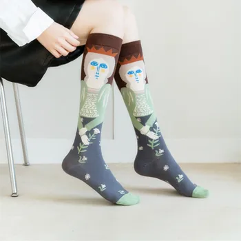 25 Štýl Ženy Dlhé Bavlnené Ponožky Módne Abstraktné Umenie Dievča Prúžok Kvety Ttulip Retro Koleno Dámy Ponožky Lolita