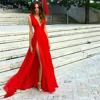 Hlboký V-Neck Sexy Červené Večerné Šaty Prom Šaty 2020 Vysokej Strane Štrbiny A-Line Vestido De Fiesta Prom Dlhé Elegantné Šaty