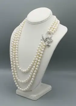 Ručne viazané 8-9mm biela usadenina perlový náhrdelník micro vložkou zirkón luk spona módne šperky