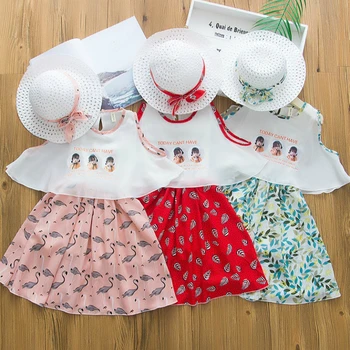 2021 Deti Oblečenie Letné Nové Dievčenské Šaty kórejský Kvetinový Šifón Roztomilý Falošné Dvoch-Dielny Batoľa Dievča Šaty+klobúk 2 ks Set 3-6Y