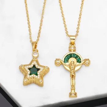 FLOLA Pozlátené Ježiš Kríž Náhrdelník Modlitba Šperky z Medi CZ Green Crystal Star Náhrdelník pre Ženy Amulet Šperky nkeb391