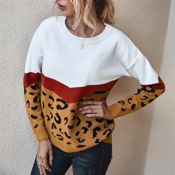 Nový Sveter Ženy Leopard O-krku Jeseň Zima Dámy Dlhý Rukáv Pulóver Svetre Hnedé Módne Bežné Dámske Oblečenie 2020
