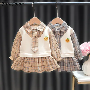 Na jar A na Jeseň Dievčatá Šaty, Sukne kórejský Štýl Škole Štýl Baby Girl Vesta Šaty Falošné dvojdielne Šaty