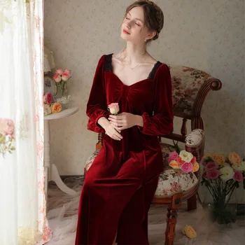 Francúzsky Dlho Nightgown Zime Teplé Zlato Velvet Hrubé Palác Dlhý Rukáv Sexy Ženy, Plus Velvet Pyžamo Domáce Oblečenie