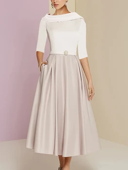 Matka Nevesty šaty v Saténová biela A-Line rez a Champagne, veľkosť elegantný Retro tvaru Čaj dĺžka svadobné ev