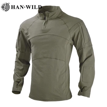 HAN WILD Taktické Bojové Tričko Mužov Bavlna Vojenskú Uniformu Kamufláž T Shirt Multicam US Army Oblečenie Camo Tričko s Dlhým Rukávom
