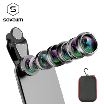 Sovawin 7 v 1 Univerzálny Mobilný Telefón Fisheye Šošovky, Clip-on Objektív 198 Stupeň Rybie Oko 0.63 X širokouhlý 15X Makro Objektív Fotoaparátu Auta