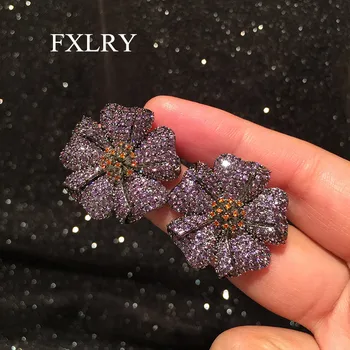 FXLRY Nádherný Fialový Kvet Fialový Cubic Zirconia Crystal Veľké Stud Náušnice pre Ženy, Svadobné Šperky