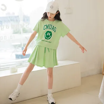 Letné Dievčenské Oblečenie Set Krátky Rukáv T-shirt Skladaná Sukňa Dva Kusy Zelenej Deti Oblečenie Bežné Šport Tlačené Teen Oblečenie