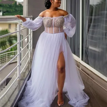 Očarujúce Biele Svadobné Nightgowns Dlhé Rukávy Ramena Prom Party Sleepwear Sexy Vysoká Rozdeliť Fotografovanie Svadobné Šaty