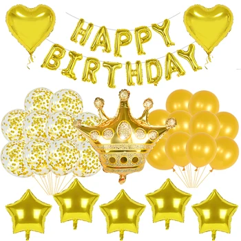 Happy Birthday Balón Nastaviť Gold List Koruny Star Fóliové Balóniky pre Dieťa Sprcha Narodeniny Home Party Dekorácie Vzduchu Globos Banner