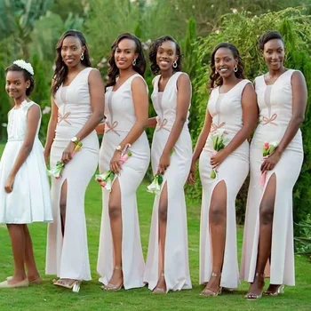 Nový Sexy Africké Čierne Dievča Bridesmaid, Šaty 2021 Biela Morská víla Satin Štrbinou Dlhé Svadobné Party Šaty vestido de fiesta de boda