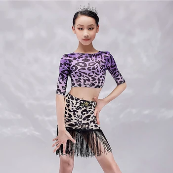 Nové latinské Tanečné Kostýmy Dievčatá Praxi Oblečenie Mid-Rukávy Leopard Vyhovovali Samba Salsa Tanec latinskej Šaty Okraj Sukne VDB3409