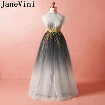 JaneVini 2019 Sexy Dlhé Bridesmaid, Šaty Gradient Šedej A-Riadok S Uväzovaním Za Zlato Čipky Appliques Plus Veľkosť Vestido De Festa Casamento