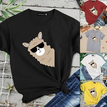 Nosiť Slnečné Okuliare Alpaky Print T Shirt Ženy Krátky Rukáv O Krk Voľné Tričko Lete Ženy Tee Tričko Topy Camisetas Mujer