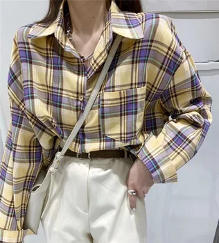 Kockované Košele dámske jarné 2021 nové tričko s dlhým rukávom kabáta voľné top