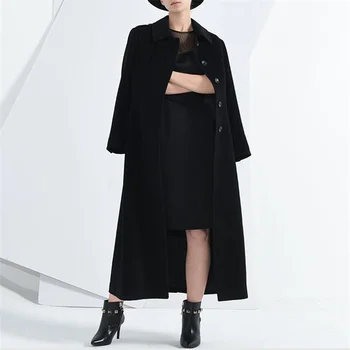 black vlnené kabát žien dlho podkolienok štíhly pás retro single-breasted vlnené kabát zimný