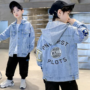 Kórejské Deti Chlapcov Džínsové Bundy Bavlna Dospievajúcich S Kapucňou Jeans Bundy List Tlač Jar Chlapci Oblečenie 4 6 8 12 16 Rokov