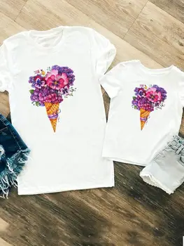 Rodina Zodpovedajúce Oblečenie, Ženy, Dievčatá, Chlapcov Dieťa Dieťa Lete Mama Mama Kvetinový Ice Cream Roztomilý Tričko Tee tričko Oblečenie Oblečenie