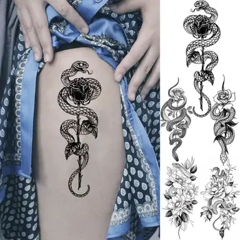 3D Čierny Realistický Ruže Kvet Had Dočasné Tetovanie Pre Ženy, Dospelých Dievča Pivónia Had Falošné Tetovanie Stehna a Ramena Umývateľný Tatoos