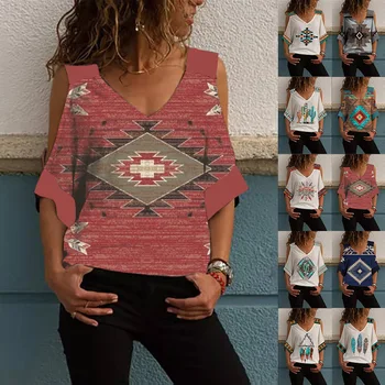 Voľné Mimo Ramenný Polovice Rukáv Vintage Geometrických Tlač T-Shirt 2022 Letné dámske Top Grafické T Košele Obrázok 2