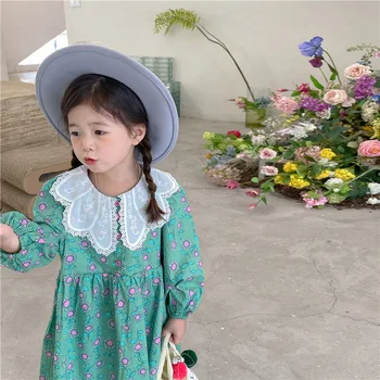 Kórejský detské Oblečenie 2022 Jeseň Dievčatá Sladká Princezná Čipky Kvety Klope Zelený Kvetinový Bavlna Bábiku Šaty Sukne Obrázok 2