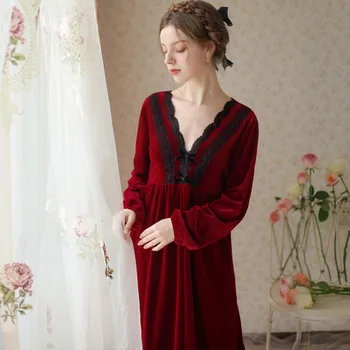 2022 Nové Velúrové Dámske Nightgowns francúzskeho Súdu, Dlhé Nočné Šaty Ženy Sexy Čipka tvaru Sleepwear Voľné Bežné Domáce Šaty Obrázok 2