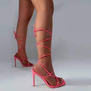 2022 Nové Letné Módny Dizajn Ružové Čipky Ženy Sandále na Vysokom opätku Dámy Sandále Otvorené Prst Topánky Obrázok 2