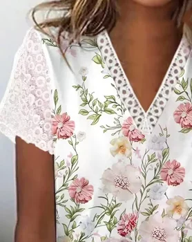 Letné Ženy Kvetinový Tlač Háčkované Čipky V-Neck T-Shirt Obrázok 2