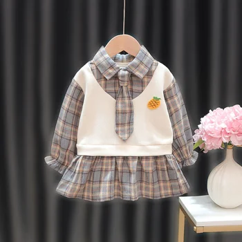 Na jar A na Jeseň Dievčatá Šaty, Sukne kórejský Štýl Škole Štýl Baby Girl Vesta Šaty Falošné dvojdielne Šaty Obrázok 2