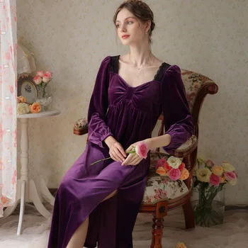 Francúzsky Dlho Nightgown Zime Teplé Zlato Velvet Hrubé Palác Dlhý Rukáv Sexy Ženy, Plus Velvet Pyžamo Domáce Oblečenie Obrázok 2
