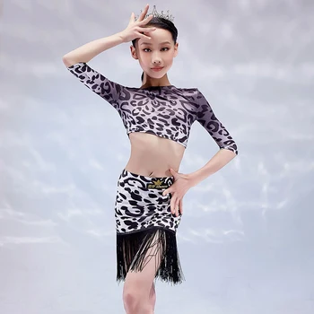Nové latinské Tanečné Kostýmy Dievčatá Praxi Oblečenie Mid-Rukávy Leopard Vyhovovali Samba Salsa Tanec latinskej Šaty Okraj Sukne VDB3409 Obrázok 2
