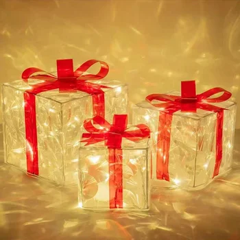 Sada 3 Vianočné Osvetlené Darčekové Krabice Ornament Pre-lit Vianočné Osvetlenie Box na Dvore a Domov Ozdoba Interiéru Obrázok 2