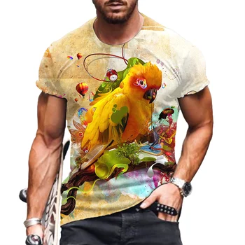 Letné pánske Košele Vintage Krátke Rukávy Módne Zvierat Papagáj Nadrozmerné Voľné Oblečenie, Print T Shirt List Golier Obrázok 2