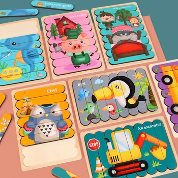Obojstranné Pásky 3D Puzzle Detská Hračka Drevené Montessori Materiály, Vzdelávacie Hračky Pre Deti, Veľké Tehly Deti učia Hračky Obrázok 2