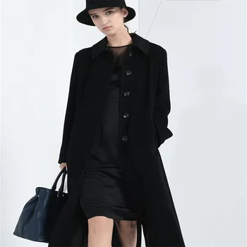 black vlnené kabát žien dlho podkolienok štíhly pás retro single-breasted vlnené kabát zimný Obrázok 2