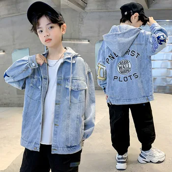 Kórejské Deti Chlapcov Džínsové Bundy Bavlna Dospievajúcich S Kapucňou Jeans Bundy List Tlač Jar Chlapci Oblečenie 4 6 8 12 16 Rokov Obrázok 2